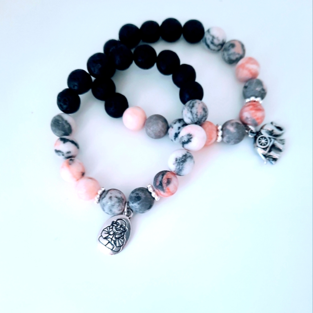 Pink zebra 10mm beads Elephant charm crystal bracelet Handmade jewelry in Canada